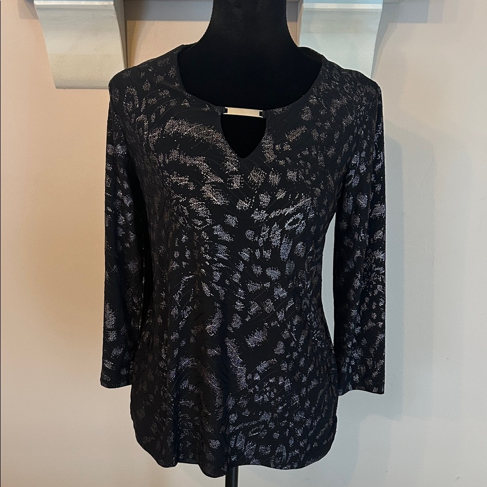 JM Collection Black Metallic Printed Long Sleeve Keyhole Top